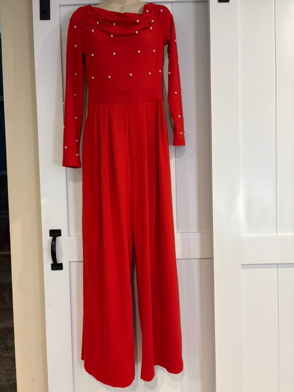 CBR red jumpsuit with pearls on bodice and sleeves, size S